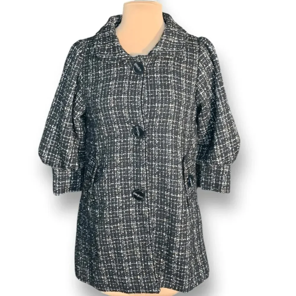 Hazel‎ Anthropologie Black White Tweed Coat Faux Fur Collar Puff Sleeves Small